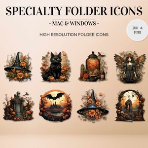 May include: Set of 9 Halloween themed folder icons featuring images of a black cat, a witch's hat, a graveyard, a fairy, a potion bottle, and a bat.