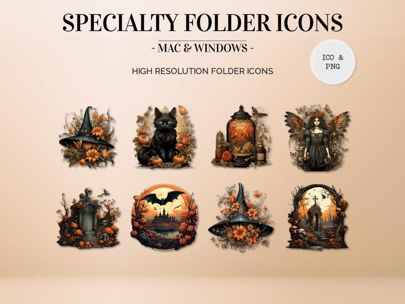 May include: Set of 9 Halloween themed folder icons featuring images of a black cat, a witch's hat, a graveyard, a fairy, a potion bottle, and a bat.