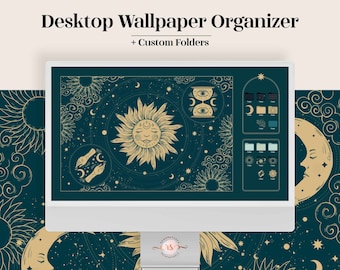 Celestial Desktop Wallpaper Organizer - Vintage sun moon art magical boho cute folder icons pack computer background aesthetic gift for her