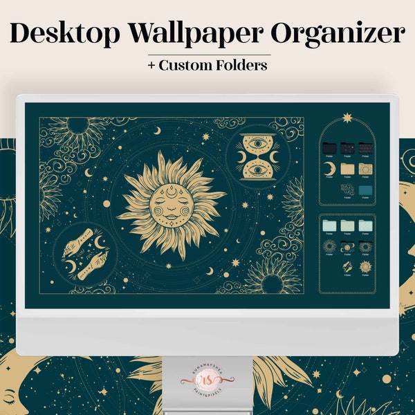 Celestial Desktop Wallpaper Organizer - Vintage sun moon art magical boho cute folder icons pack computer background aesthetic gift for her