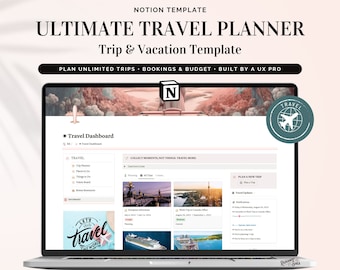 Può includere: Uno schermo di computer portatile che mostra un modello Notion per la pianificazione di viaggi. Il modello è intitolato "Ultimate Travel Planner" e presenta una dashboard con sezioni per la pianificazione di viaggi, luoghi da visitare, cose da fare e altro ancora. Lo schermo mostra anche un'immagine a tema viaggio con una valigia e un aereo.