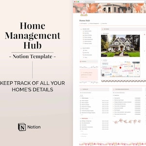 May include: A screenshot of a Notion template called "Home Hub" for managing home details. The template includes sections for property information, contacts, upcoming maintenance, and weekly chores. A photo of a house and a map are also included.