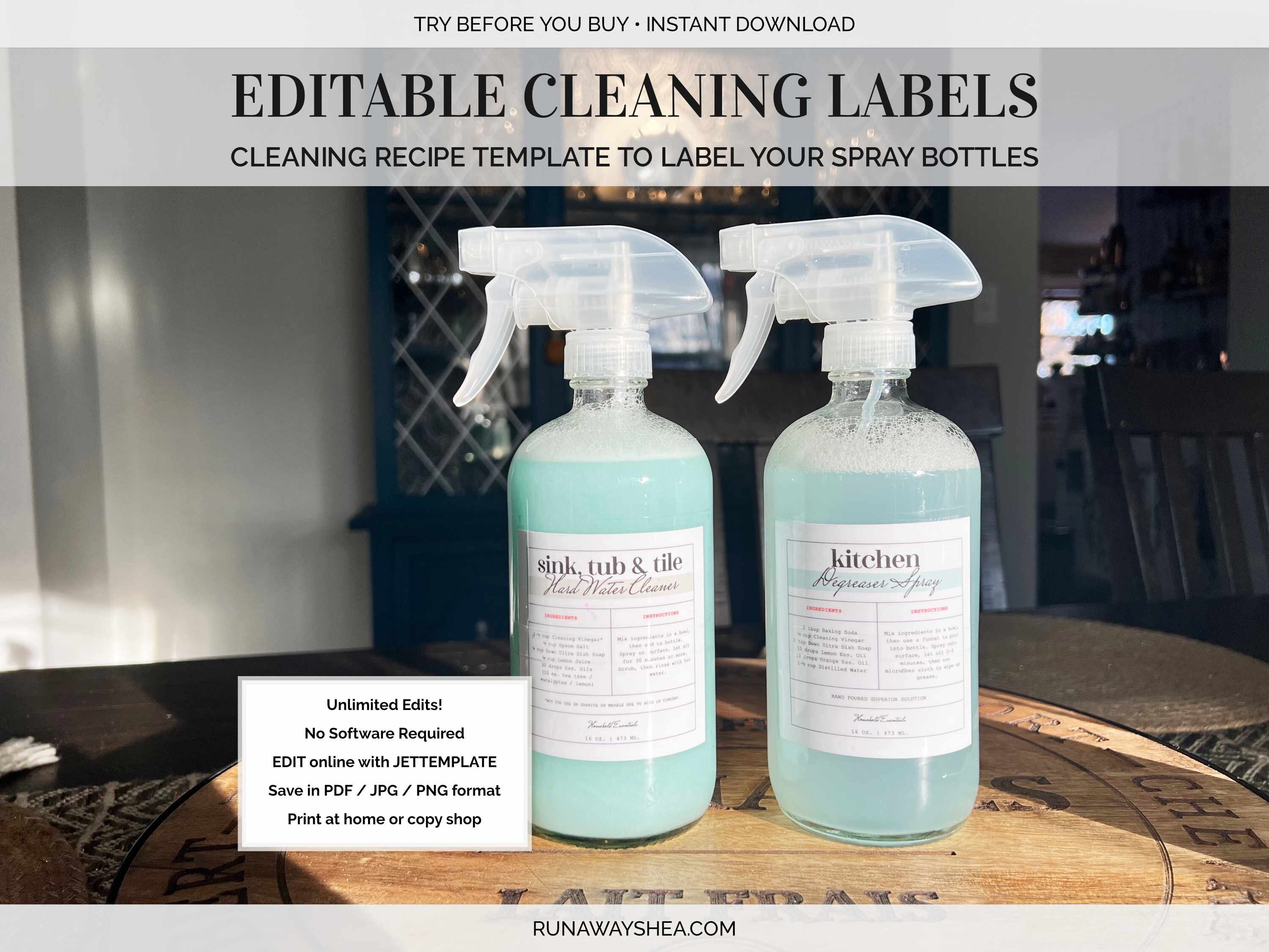 Editable Cleaning Label Template for 16 Oz Spray Bottles Cleaner Labels  With Cleaning Solution Recipes for Home Organization L-01 