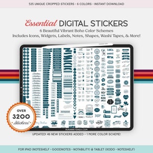 May include: A digital sticker sheet with over 3,200 stickers in a teal and gray color scheme. The stickers include icons, widgets, labels, notes, shapes, washi tapes, and more. The text "Essential Digital Stickers" is at the top of the sheet. The text "RUNAWAYSHEA.COM" is at the bottom of the sheet.