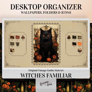Desktop Organizer Black Cat Halloween Wallpaper - Vintage gothic art cute folder icons pack computer background aesthetic gift for her