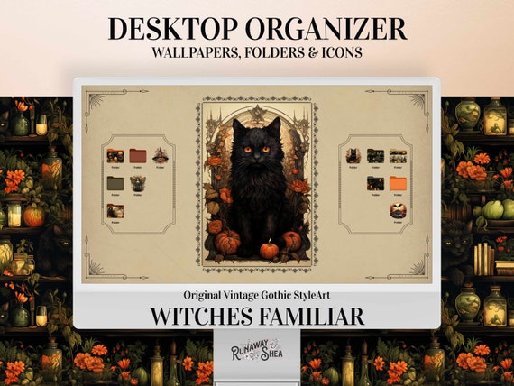 Desktop Organizer Black Cat Halloween Wallpaper - Vintage gothic art cute folder icons pack computer background aesthetic gift for her