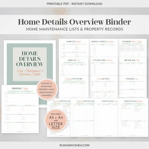 May include: Printable home details overview binder with sections for property information, maintenance, contacts, inventory, and upgrades. The binder includes A5 and A4 sizes.