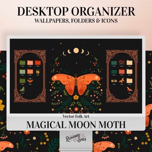 Boho Moth Desktop Wallpaper Organizer | Celestial Desktop Wallpaper Set with Custom Folder Icons & Dual Monitor Wallpaper Support