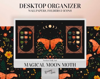 Boho Moth Desktop Wallpaper Organizer | Celestial Desktop Wallpaper Set with Custom Folder Icons & Dual Monitor Wallpaper Support