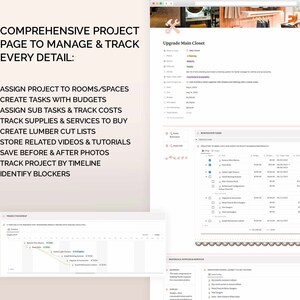 May include: A screenshot of a computer screen showing a project management tool for home renovations. The tool includes a timeline, a list of tasks, and a budget tracker. The project is titled "Upgrade Main Closet".