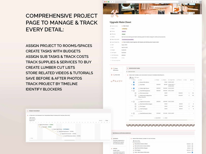 May include: A screenshot of a computer screen showing a project management tool for home renovations. The tool includes a timeline, a list of tasks, and a budget tracker. The project is titled "Upgrade Main Closet".