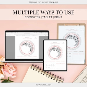 May include: A printable floral monthly planner on a computer screen, tablet, and printed on paper. The planner is designed to be used on a computer, tablet, or printed out. The text on the image reads "Printable PDF - Instant Download" and "Multiple Ways to Use Computer | Tablet | Print".