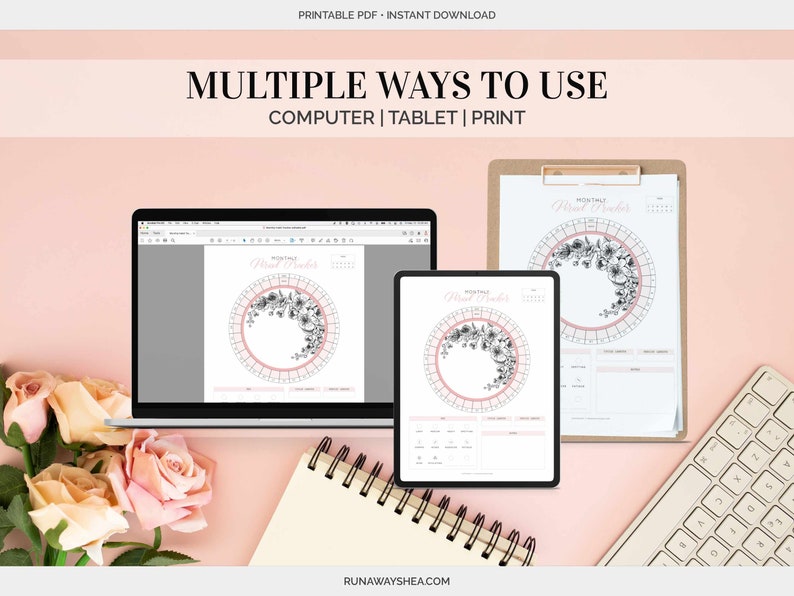 May include: A printable floral monthly planner on a computer screen, tablet, and printed on paper. The planner is designed to be used on a computer, tablet, or printed out. The text on the image reads "Printable PDF - Instant Download" and "Multiple Ways to Use Computer | Tablet | Print".