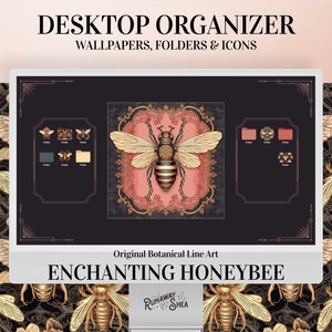 Könnte beinhalten: Ein Computerbildschirm zeigt einen Desktop-Organizer mit einer Tapete, die eine goldene und schwarze Biene mit filigranen Details zeigt. Der Text "DESKTOP ORGANIZER" befindet sich oben auf dem Bildschirm, und der Text "ENCHANTING HONEYBEE" befindet sich unten auf dem Bildschirm.