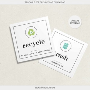 Druckbare Papierkorb- & Recycling-Etiketten für Recycling-Mülleimer | Umweltfreundliches Recycling + Mülleimer Aufkleber Set | L-01