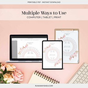 May include: A printable mood tracker in the form of a circle with floral accents. The tracker is shown on a computer screen, tablet, and printed on paper. The text "Mood Tracker June" is visible on the tracker.