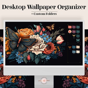 Desktop Wallpaper Organizer Dark Butterfly - vintage illustré art Macbook dossier icônes pack ordinateur fond cadeau esthétique pour elle