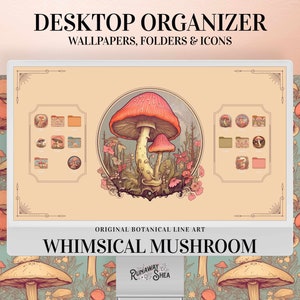 Organizador de escritorio Whimsical Mushroom Wallpaper - Vintage art cottagecore lindos iconos de carpetas empaquetan regalo estético de fondo de computadora para ella
