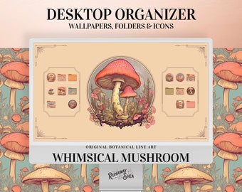 Desktop Organizer Whimsical Mushroom Wallpaper - Vintage art cottagecore cute folder icons pack computer background aesthetic gift for her