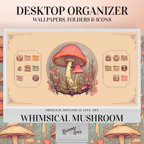 Desktop Organizer Whimsical Mushroom Wallpaper - Vintage art cottagecore cute folder icons pack computer background aesthetic gift for her