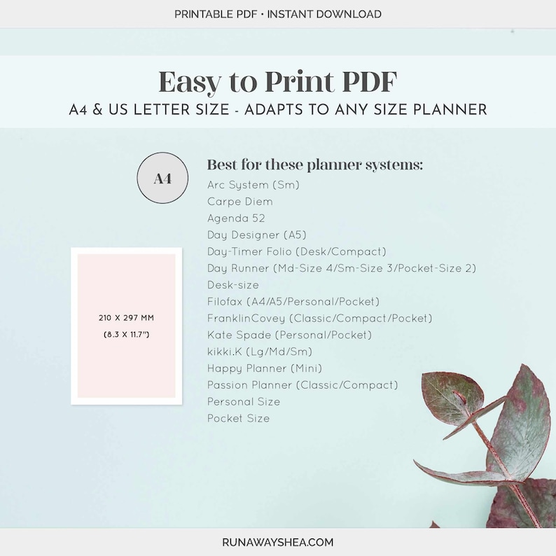 May include: A printable PDF template for A4 and US Letter size planners. The PDF is compatible with various planner systems, including Arc System, Carpe Diem, Agenda 52, Day Designer, Day-Timer Folio, Day Runner, Filofax, FranklinCovey, Kate Spade, kikki.K, Happy Planner, Passion Planner, and more.