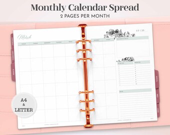 Feminine Undated Monthly Calendar Spread Printable | Floral Planner Insert (A4 & Letter) P-33