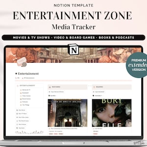 Notion Template Media Tracker - Entertainment Zone Movie & TV Dashboard, Book Nook Reading Journal Review Template, Podcasts Video Game Log