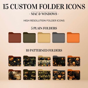 May include: Fifteen custom folder icons for Mac and Windows. Five plain folders in brown, green, beige, gray, and orange. Ten patterned folders with Halloween themes, including pumpkins, candles, and spooky imagery.