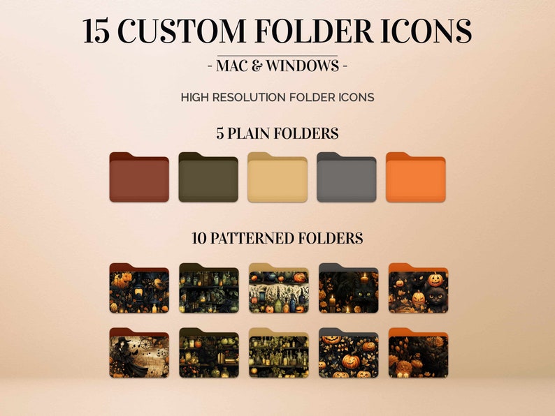May include: Fifteen custom folder icons for Mac and Windows. Five plain folders in brown, green, beige, gray, and orange. Ten patterned folders with Halloween themes, including pumpkins, candles, and spooky imagery.