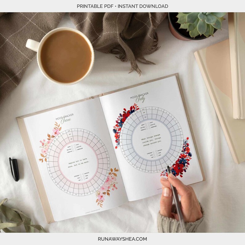 May include: A printable mood tracker journal with floral illustrations. The journal has two pages, one for June and one for July. The pages are white with black text and a circle for tracking moods. The June page has pink and gold floral illustrations, and the July page has red and blue floral illustrations.