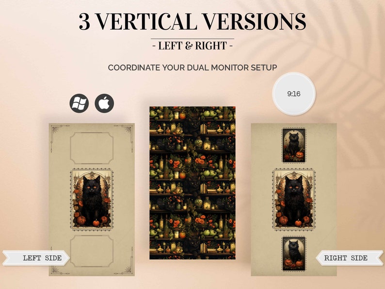 May include: Three vertical images for a dual monitor setup. The left and right images feature a black cat with yellow eyes in a vintage frame. The center image is a repeating pattern of a shelf with bottles, fruits, and other objects.