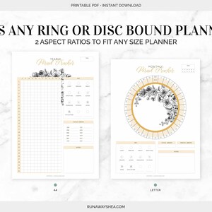 May include: Printable period tracker in two sizes: A4 and Letter. The tracker is designed to fit any ring or disc bound planner. The design features a floral motif with a black and white illustration of flowers and leaves.