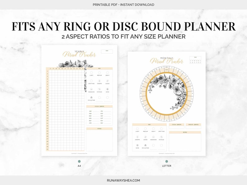 May include: Printable period tracker in two sizes: A4 and Letter. The tracker is designed to fit any ring or disc bound planner. The design features a floral motif with a black and white illustration of flowers and leaves.