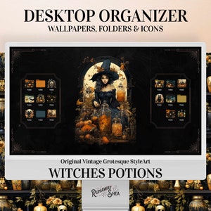 Desktop Organizer Witches Potion Halloween Wallpaper - Vintage gothic art cute folder icons pack computer background aesthetic gift for her