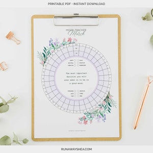 May include: Printable mood tracker for the month of March. The tracker is a circle with 31 days marked around the outside. There are different mood options to choose from, including happy, neutral, creative, calm, positive, energized, stressed, sick, sad, anxious, tired, and mad. The tracker is decorated with watercolor flowers.