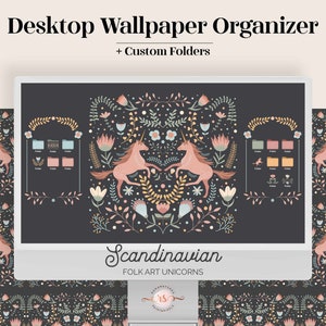 Desktop Organizer Scandinavian Unicorns Wallpaper - Dark art cottagecore nordic folder icons pack computer background aesthetic gift for her