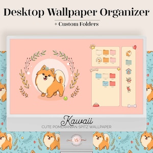 Desktop Organizer Kawaii Pomeranian Wallpaper - Cute illustrated dog art decor folder icons pack computer background aesthetic gift for her