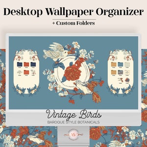 Vintage Birds Desktop Wallpaper Organizer - Line art flower illustrated floral folder icons pack computer background aesthetic gift for her