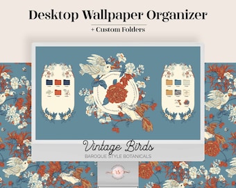 Vintage Birds Floral Desktop Wallpaper Organizer | Wallpapers & Folder Icons (Digital Download)