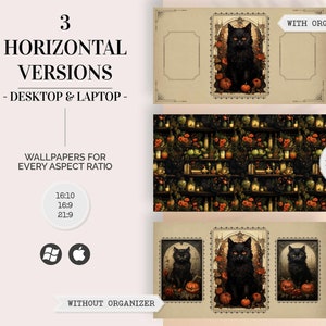 May include: Three horizontal versions of a Halloween-themed desktop wallpaper featuring a black cat with glowing eyes sitting on a pile of pumpkins. The wallpaper also includes a repeating pattern of shelves with bottles, candles, and other Halloween decorations.