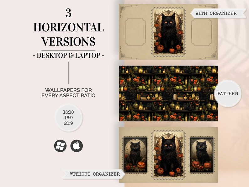 May include: Three horizontal versions of a Halloween-themed desktop wallpaper featuring a black cat with glowing eyes sitting on a pile of pumpkins. The wallpaper also includes a repeating pattern of shelves with bottles, candles, and other Halloween decorations.