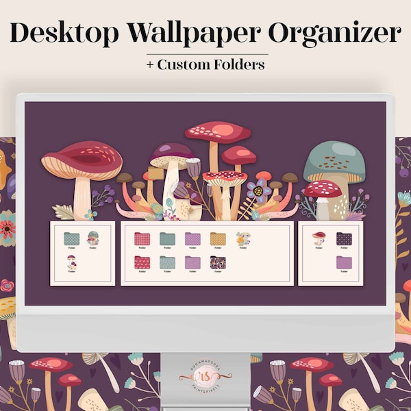 Desktop Organizer Folklore Mushrooms Wallpaper - Folk art cottagecore cute Mac folder icons pack computer background aesthetic gift for her