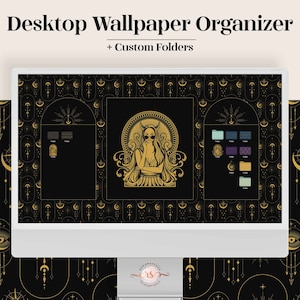 Può includere: Un organizzatore di sfondo per desktop con cartelle personalizzate. Lo sfondo presenta uno sfondo nero con un motivo geometrico dorato di lune, stelle e archi. Al centro dello schermo, una donna con i capelli lunghi e occhiali da sole è seduta su un trono. Lo sfondo è progettato per aiutare a organizzare file e cartelle sul desktop di un computer.