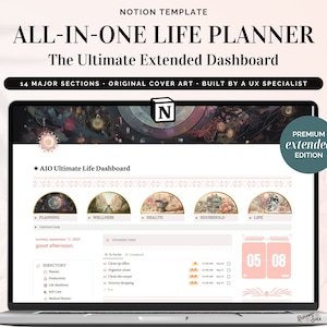 May include: A computer screen displaying a Notion template for an all-in-one life planner. The template has a pink and white colour scheme and features a calendar, to-do list, and sections for planning, wellness, health, household, and life. The text "AIO Ultimate Life Dashboard" is visible at the top of the screen.