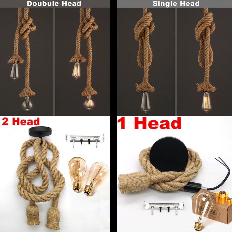 Retro Vintage Hemp Rope Pendant Lamp kit , Industrial Pendant Light , Pendant Rope Light, Hanging Rope Lamp , Ceiling Lamps kit E27 image 2
