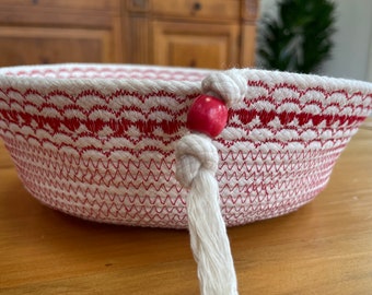 Coiled rope basket, bowl, red heart design, wood bead, gift for her, Christmas gift, hostess gift, housewarming, catch all, knotted, small