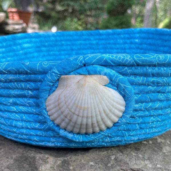 Fabric wrapped, rope basket, round, ocean blue, beach decor, centerpiece, gift for her, unique item, hostess gift, Christmas idea, holiday