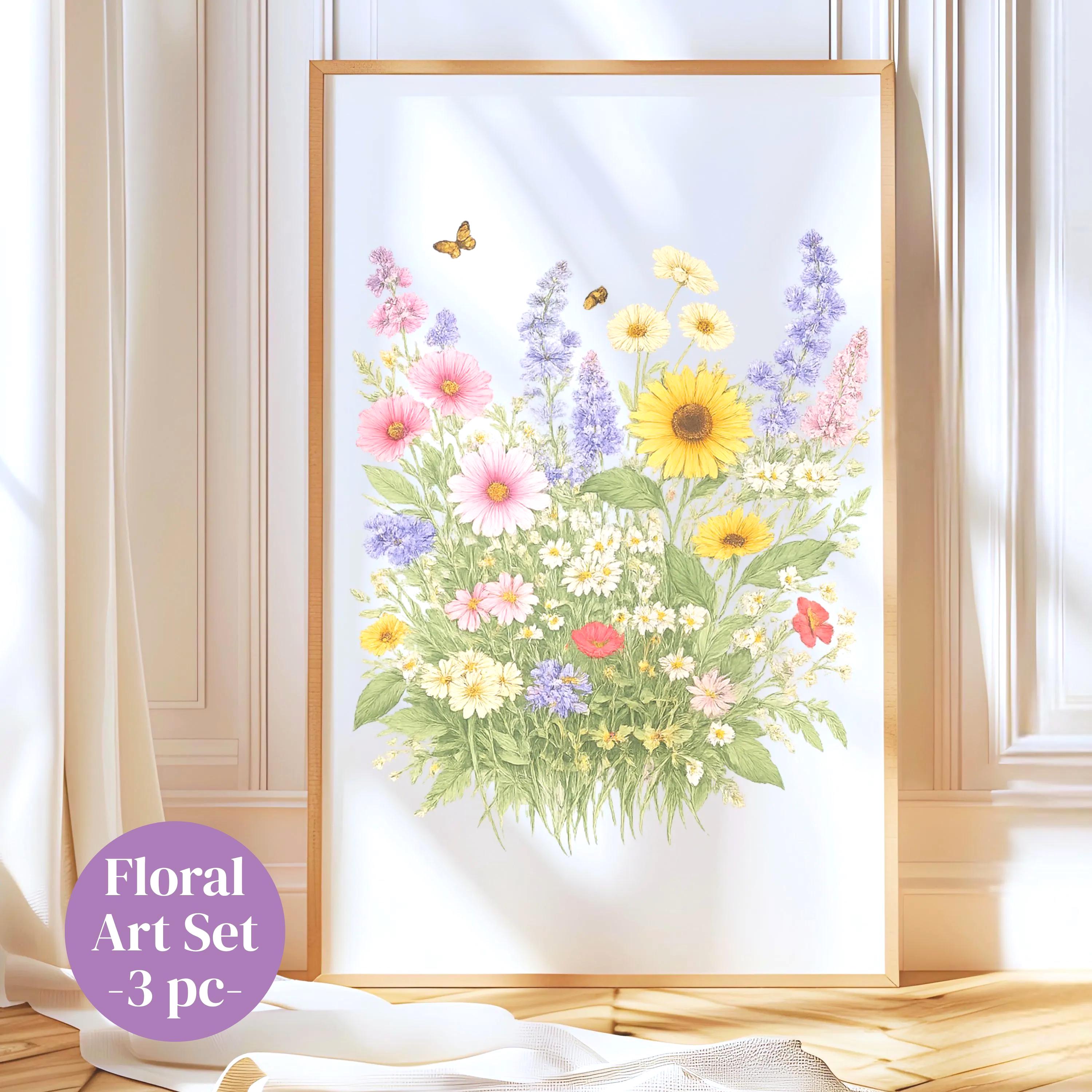 Printable Botanical Wildflower Wall Art Set of 3 Cottagecore Floral ...
