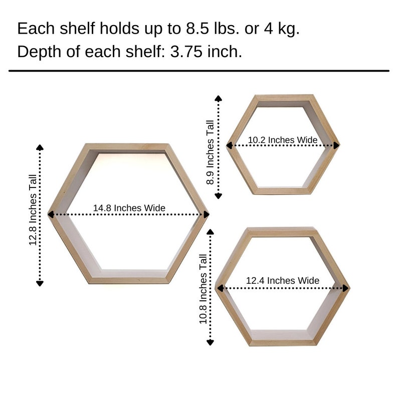 May include: Three wooden hexagonal shelves of different sizes. The largest shelf is 12.8 inches tall and 14.8 inches wide. The middle shelf is 8.9 inches tall and 10.2 inches wide. The smallest shelf is 10.8 inches tall and 12.4 inches wide. Each shelf is 3.75 inches deep and can hold up to 8.5 lbs or 4 kg.
