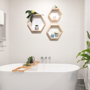 Honeycomb Hexagon Wall Shelves Set of 3 Wood Floating Shelf Plant Shelf Nursery Farmhouse Decor Modern Geometric Wall Art image 5